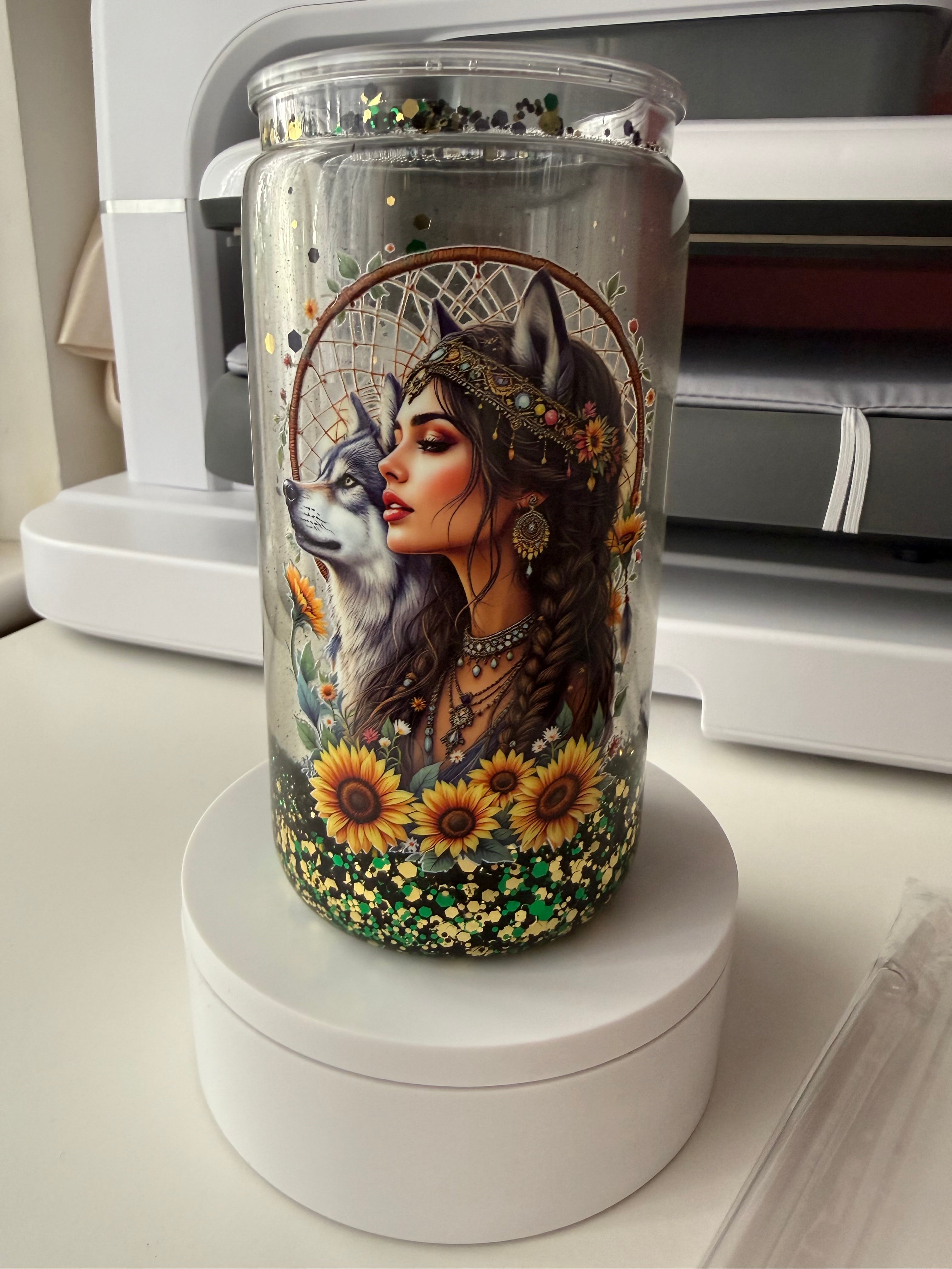 Wolf Lady Glitter Snowglobe Tumbler
